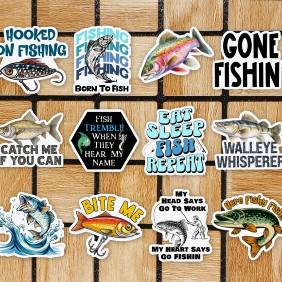 Funny Fishing Sticker Pack of 12 Vinyl Stickers - Waterproof Die Cut Stickers - Picture 1 of 4